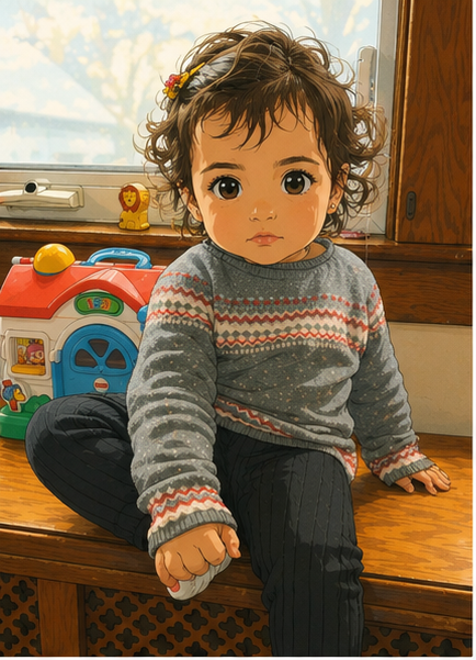 Anime-style portrait of Isabella sitting indoors