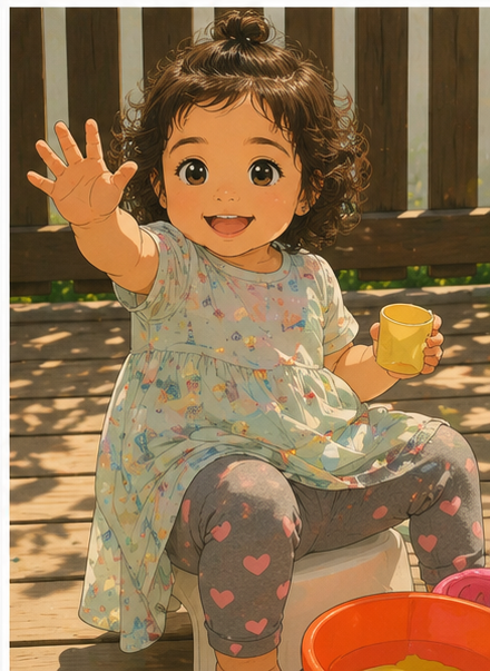 Anime-style portrait of Isabella smiling outside