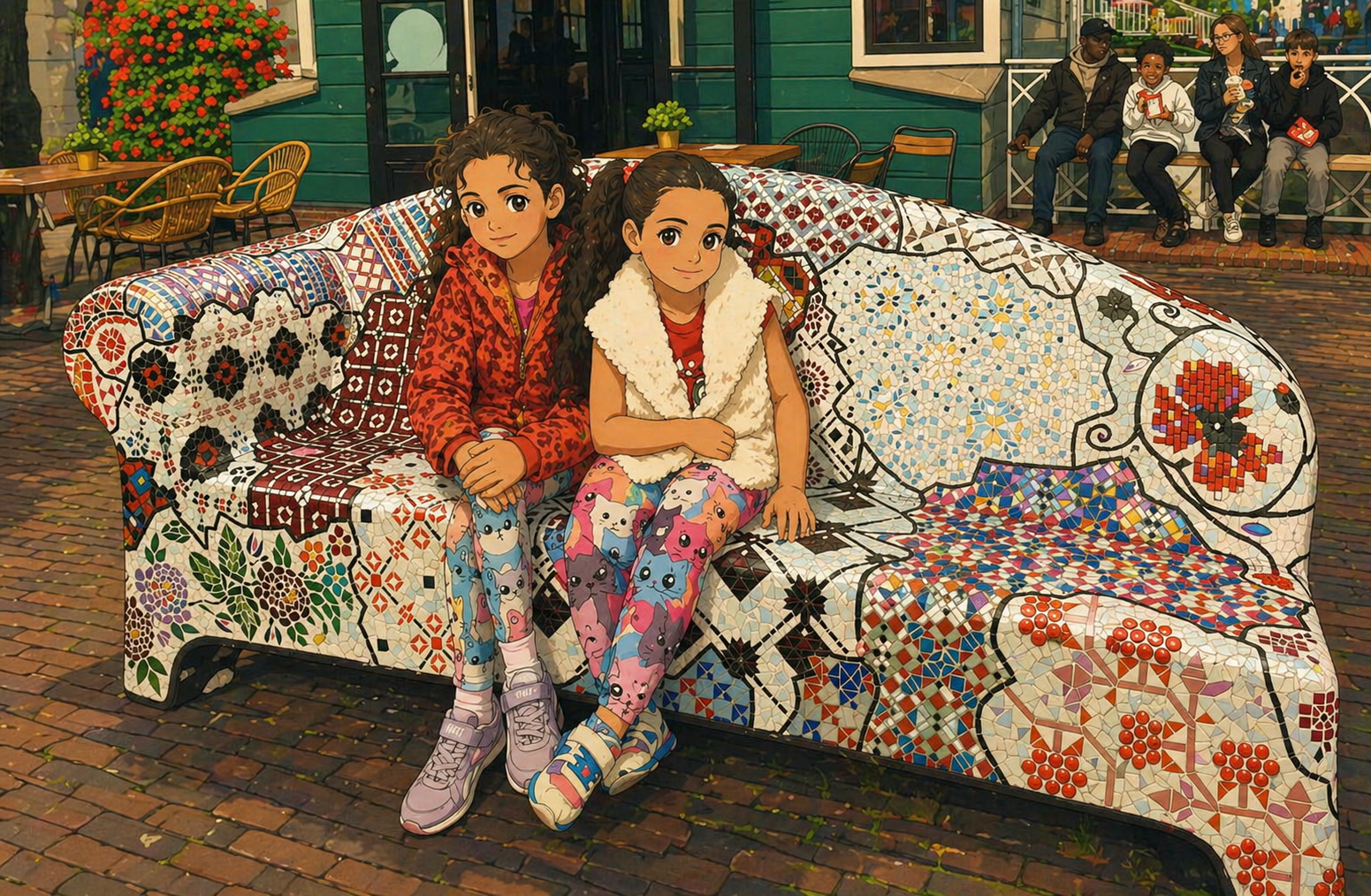 Isabella and Scarlett sitting on a colorful mosaic sofa