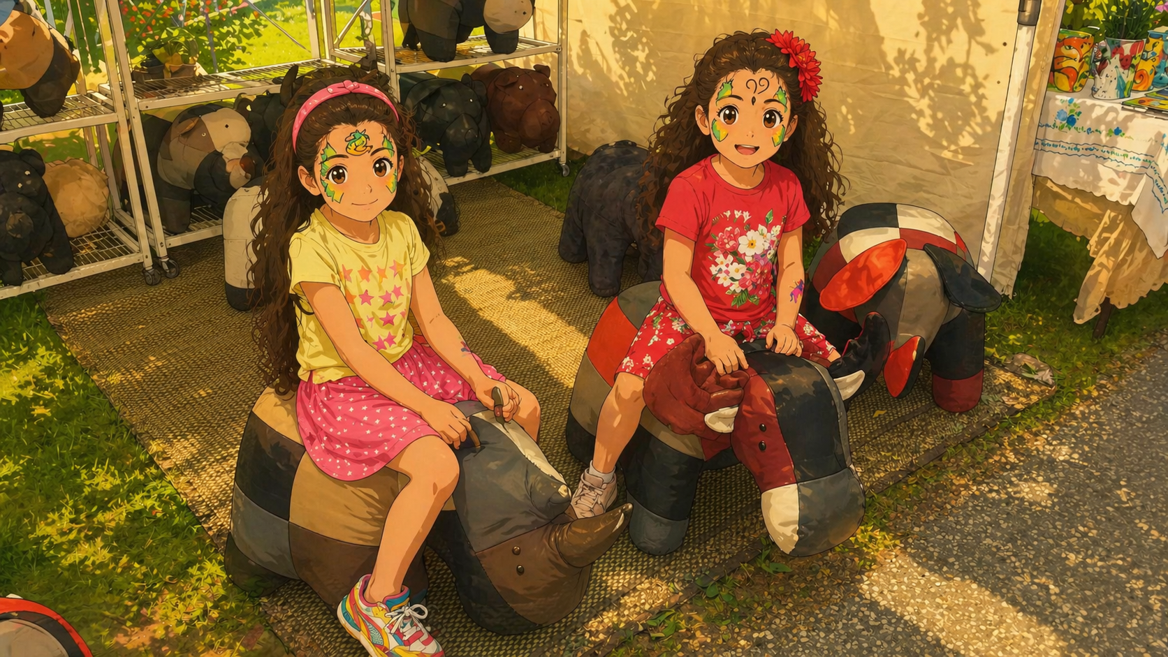 Isabella and Scarlett riding animal seats at an outdoor art fair