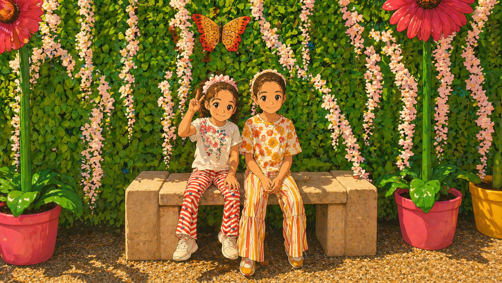 Isabella and Scarlett sitting together in a garden